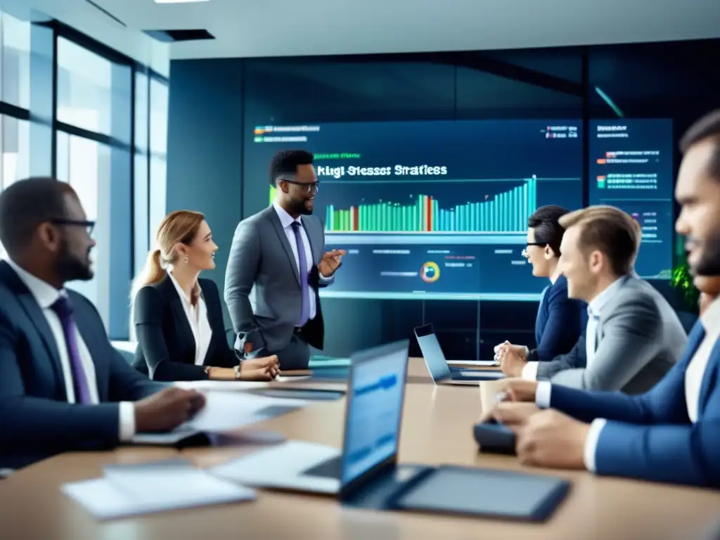 Oficina moderna con profesionales diversificados Oficina moderna con profesionales discutiendo estrategias invertir ETFs Hedge Funds
