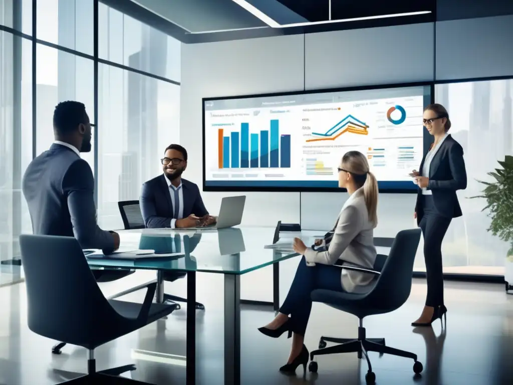 Espacio de oficina moderno y productivo Oficina moderna con profesionales discutiendo estrategias de inversión en mercado financiero volátil