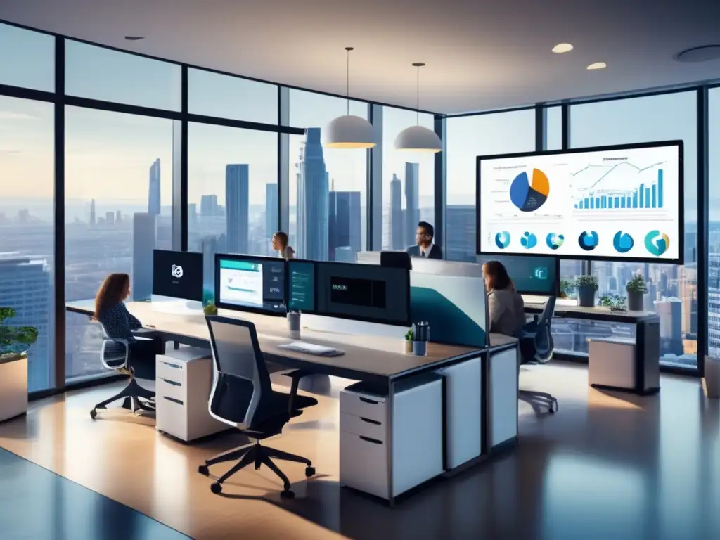 Oficina moderna con profesionales y estrategias de marketing Oficina moderna con profesionales optimizando estrategias de marketing para propiedades renovadas