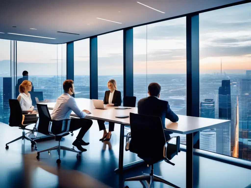 Profesionales discutiendo sobre impuestos y ETFs en una oficina moderna Oficina moderna con profesionales discutiendo sobre Fiscalidad de los ETFs