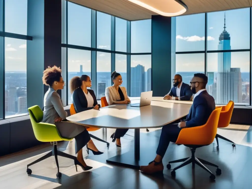 Equipo multicultural en oficina moderna Oficina moderna con profesionales diversos, discutiendo gestión de equipos multiculturales en inversiones