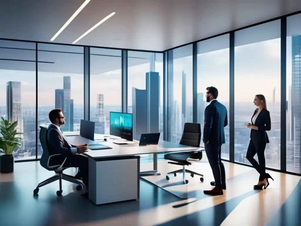 Oficina financiera moderna con profesionales Oficina moderna con profesionales analizando gráficos y datos financieros, resaltando riesgos comunes invertir acciones sector financiero