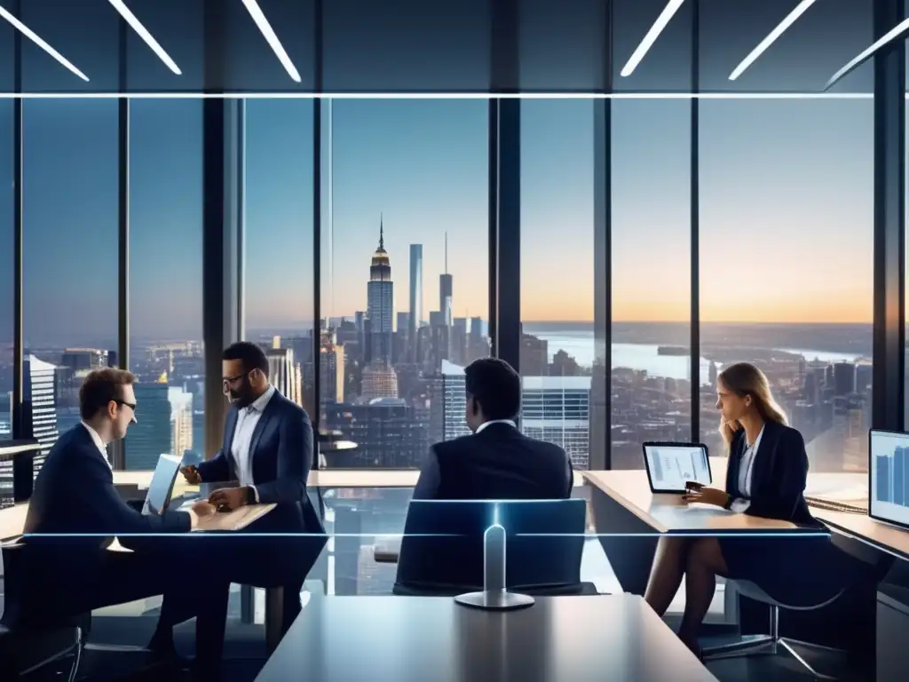 Oficina moderna y profesional en la ciudad Oficina moderna con profesionales analizando gráficos y proyectando seriedad y profesionalismo - Anuncios económicos y psicología inversor individual