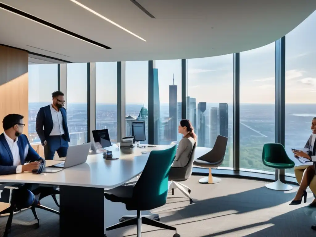 Oficina moderna con profesionales trabajando colaborativamente Oficina moderna con profesionales trabajando en grupos, analizando datos financieros
