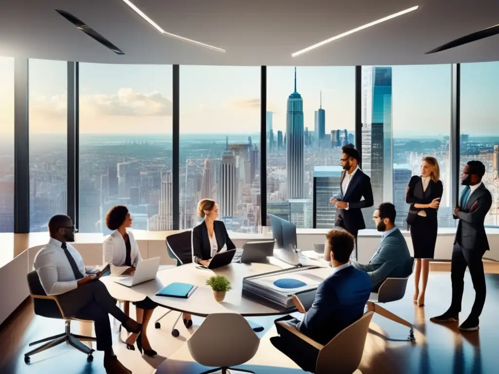 Oficina moderna y colaborativa con vista panorámica de la ciudad Oficina moderna con profesionales discutiendo ideas innovadoras y documentos relacionados a startups