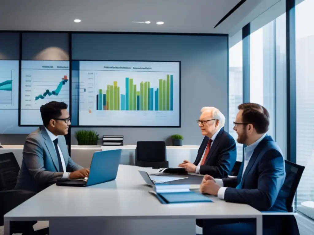 Oficina moderna con profesionales analizando Oficina moderna con profesionales analizando informes financieros y siguiendo principios de análisis fundamental