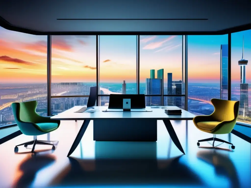 Moderna oficina con vista panorámica y profesionales trabajando Oficina moderna en Italia: profesionales analizando informes financieros y tomando decisiones de inversión