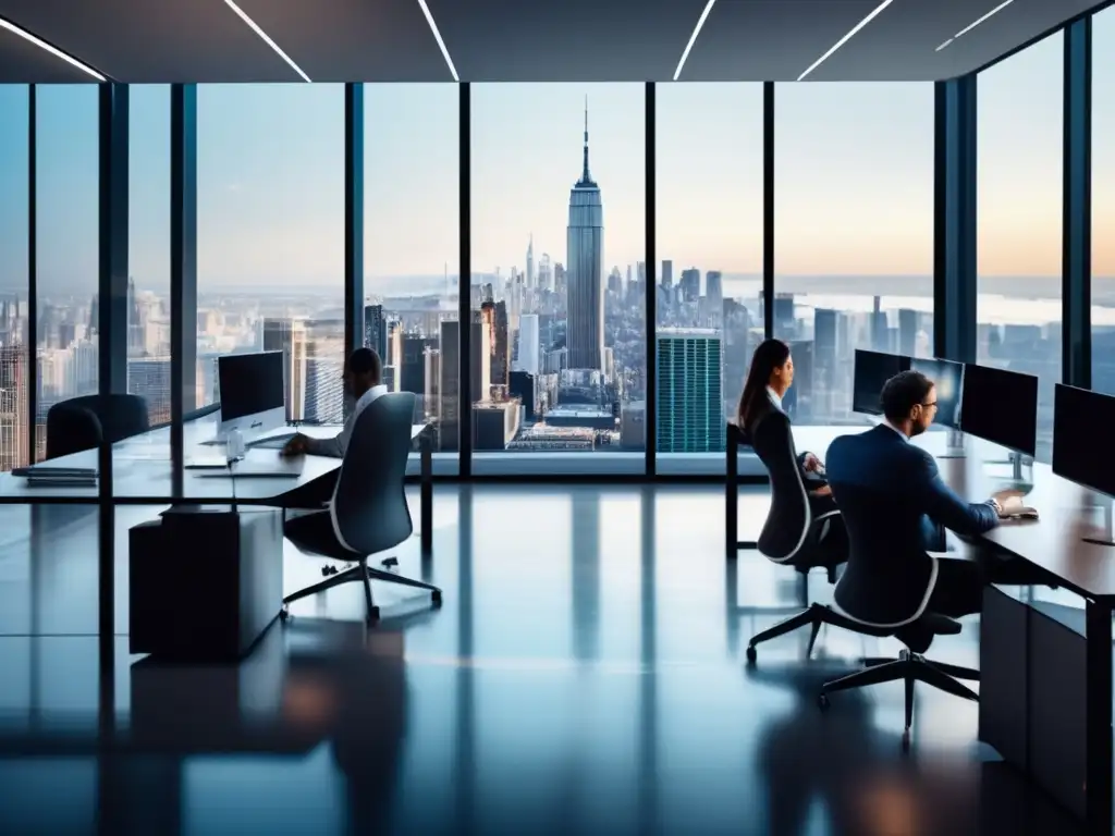 Oficina moderna con profesionales analizando inversiones Oficina moderna con profesionales analizando inversión y mitos sobre riesgo y retorno