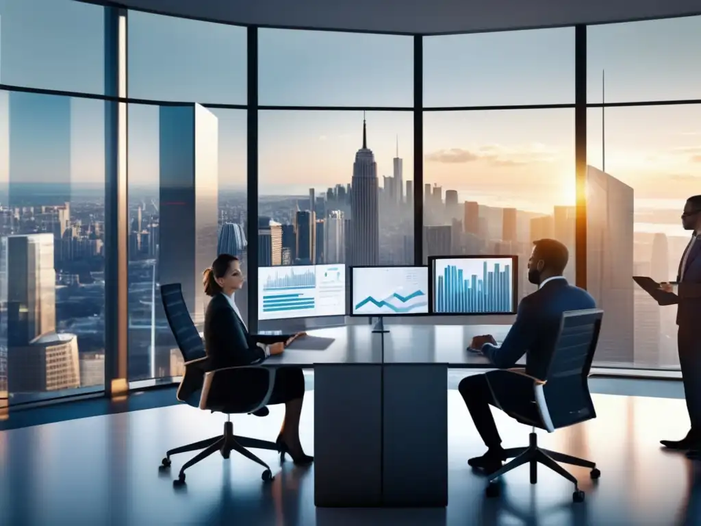 Oficina moderna y dinámica con profesionales trabajando Oficina moderna con profesionales analizando inversión en un entorno dinámico (Modelos de inversión corto plazo)