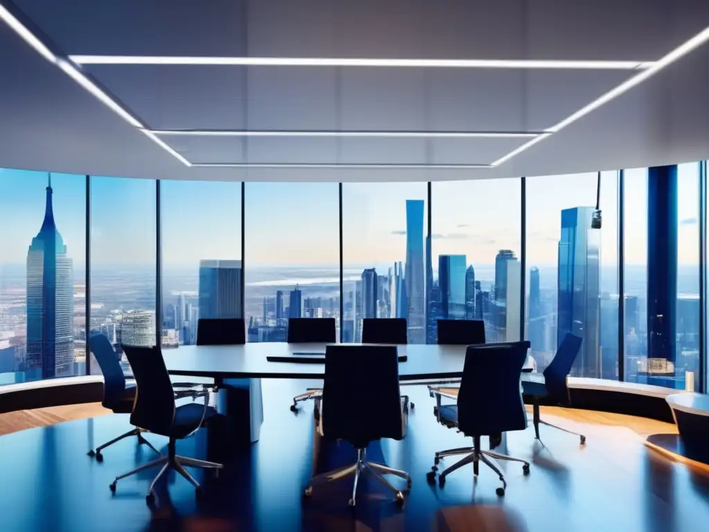 Oficina moderna con profesionales y noticias globales Oficina moderna con profesionales discutiendo, pantalla con noticias globales e inversiones locales