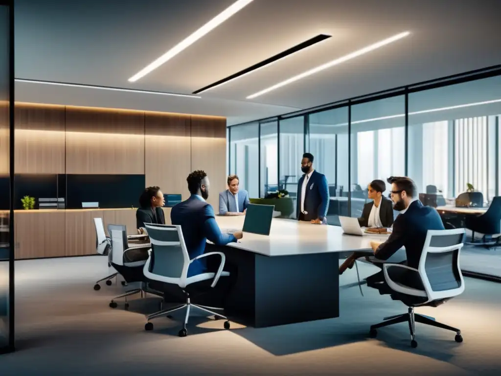 Oficina moderna con profesionales en reunión Oficina moderna con profesionales y plataformas tradicionales de inversión