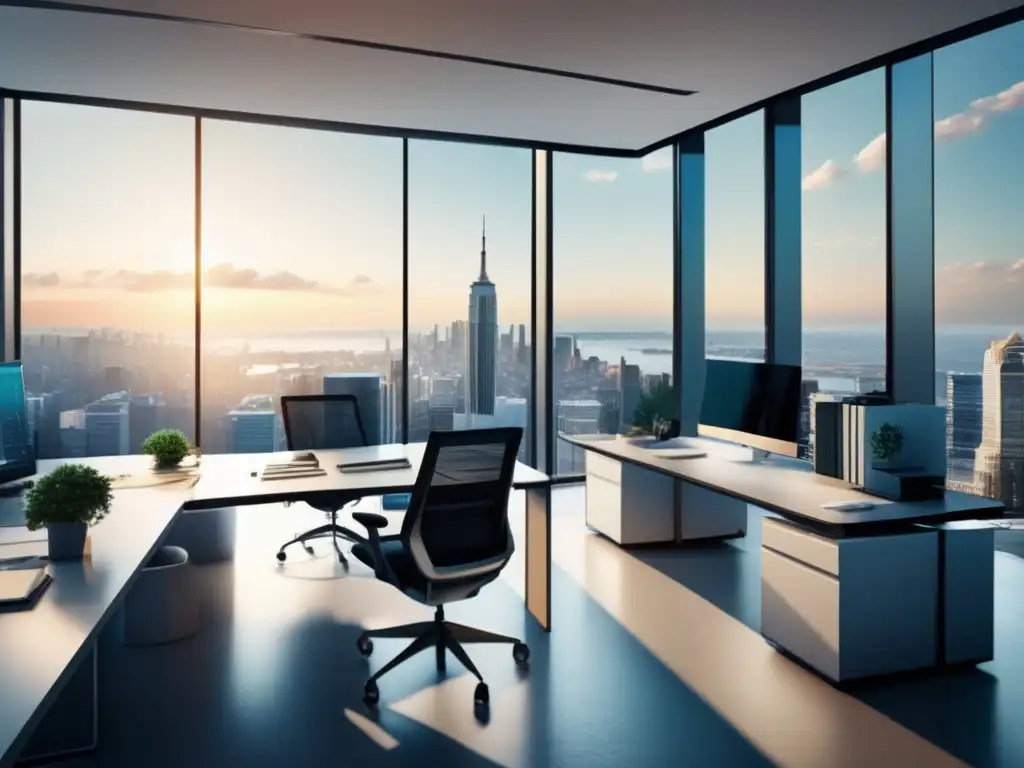 Oficina financiera moderna con vista panorámica de la ciudad Oficina moderna, profesionales gestionan riesgos en mercados financieros diversificados
