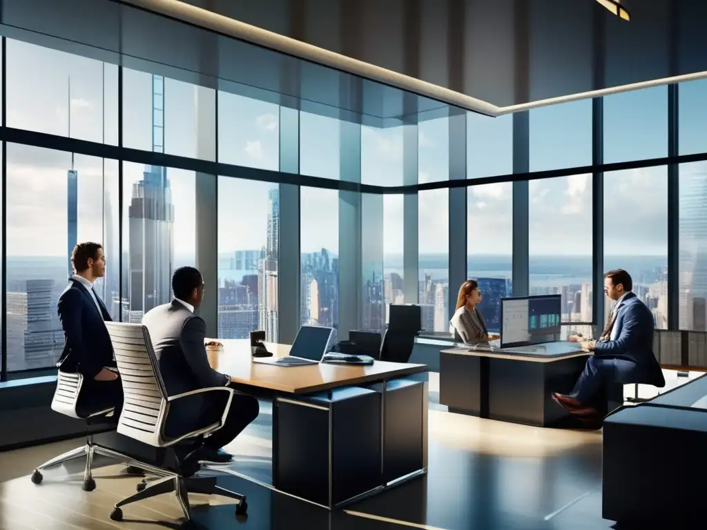 Oficina moderna en Wall Street: profesionales, gráficos y determinación Oficina moderna en Wall Street: profesionales en trajes de negocios, discutiendo estrategias de inversión (110 caracteres)