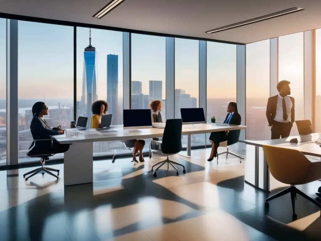 Oficina moderna con profesionales financieros Oficina moderna con profesionales y vista a la ciudad
