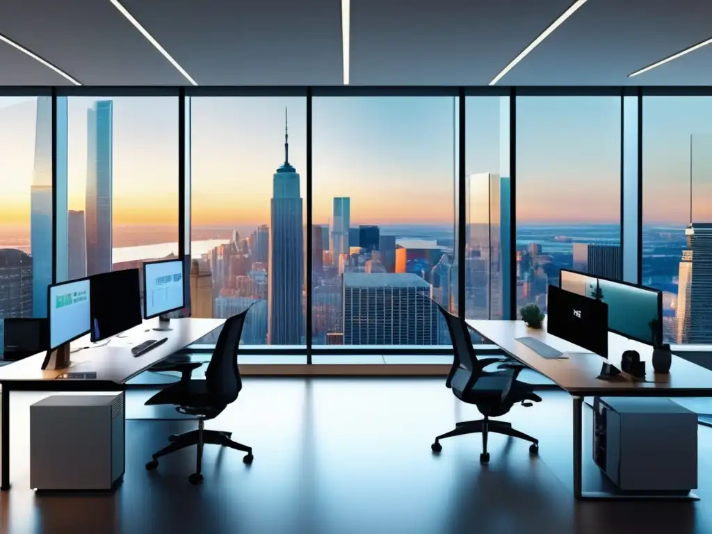Oficina moderna con vista panorámica financiera Oficina moderna, gestión de riesgo financiero con precisión y expertise