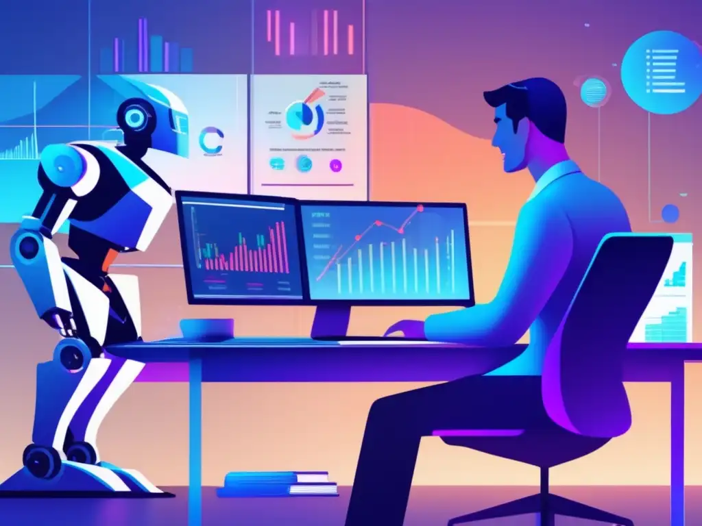 Oficina moderna con robot asesor Oficina moderna con robot asesor, colaboración tecnología-humano en finanzas y roboadvisors reducción de comisiones