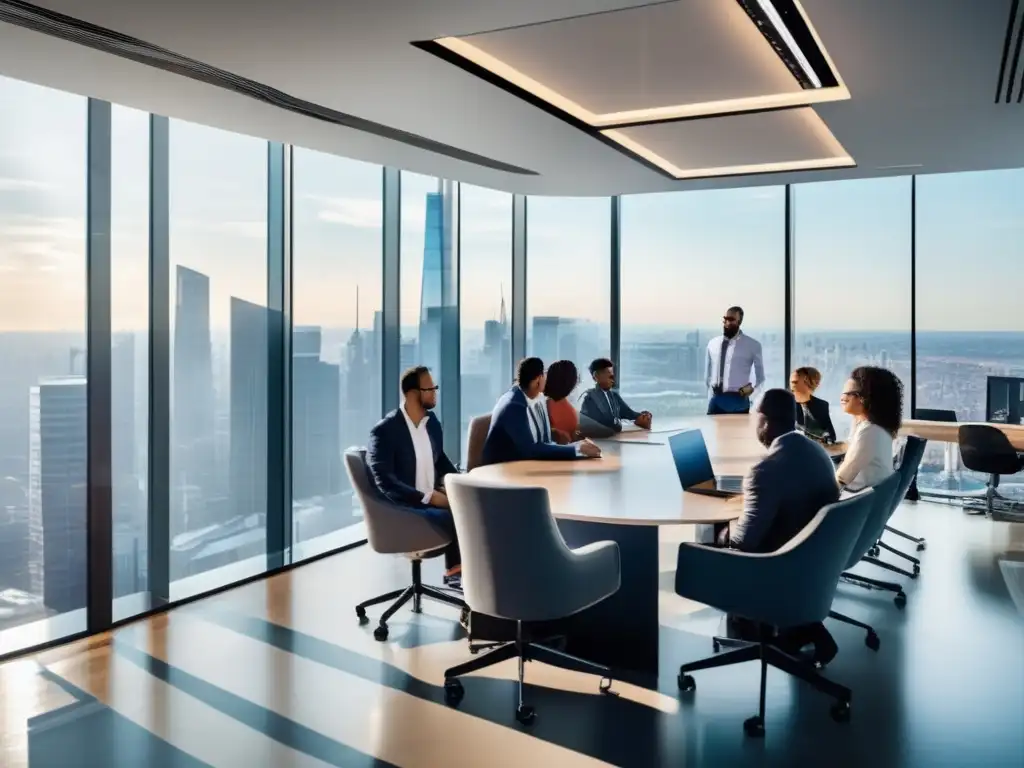 Oficina moderna con profesionales colaborando en Fintech Oficina moderna con salas de conferencias acristaladas y vista panorámica de la ciudad