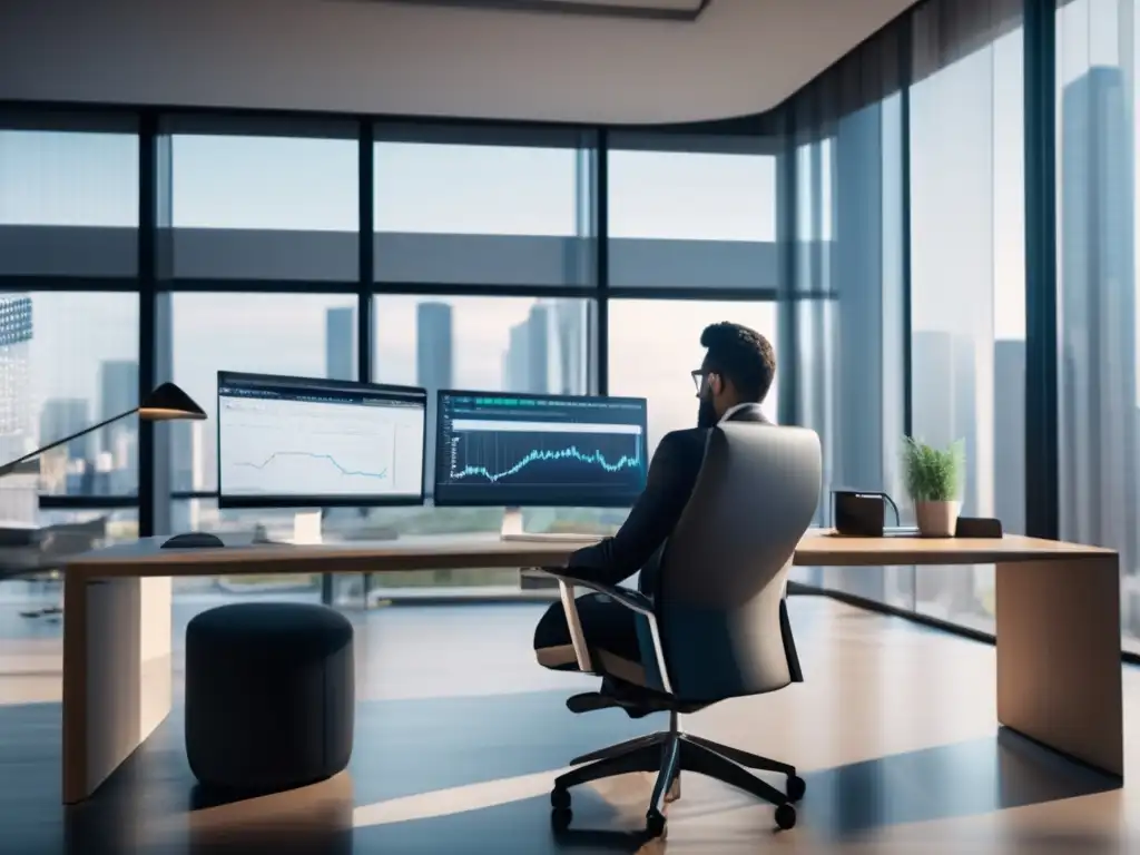 Oficina moderna con escritorio elegante y análisis financiero Oficina moderna con software de analítica predictiva financiera