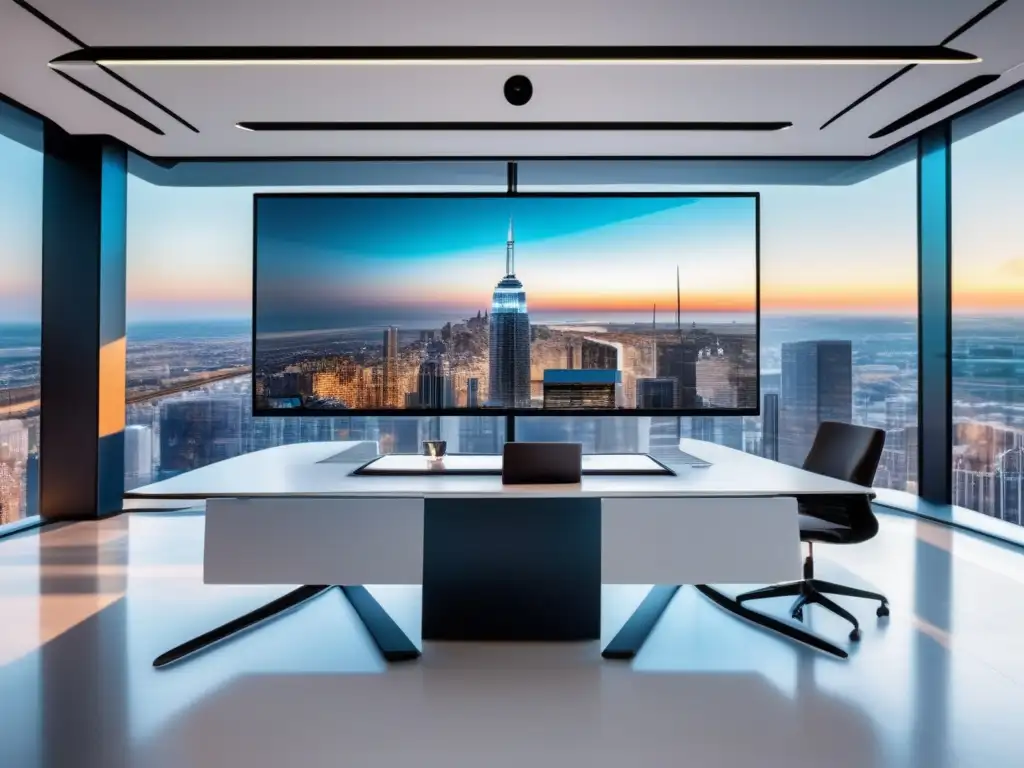 Oficina moderna con panel táctil transparente Oficina moderna con software de gestión de riesgos de inversión