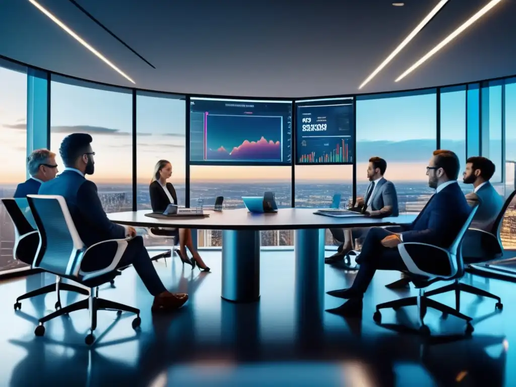 Oficina moderna con tecnología avanzada y profesionales discutiendo Oficina moderna con tecnología avanzada y profesionales discutiendo algoritmos de inversión inteligente