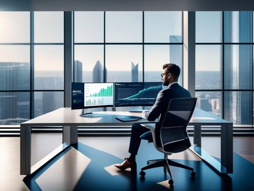 Oficina moderna con tecnología avanzada y luz natural Oficina moderna con tecnología avanzada y herramientas IA para inversor individual