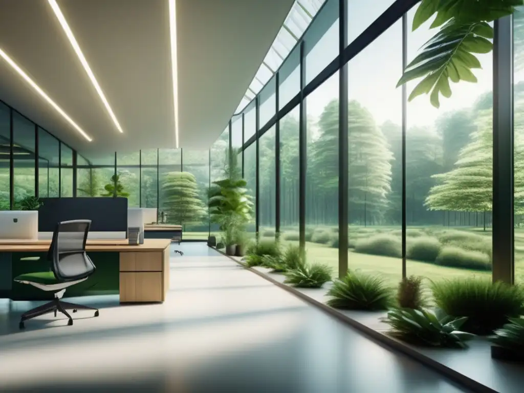 Oficina moderna con vista a bosque verde Oficina moderna: tecnología, sostenibilidad, empresas con propósito