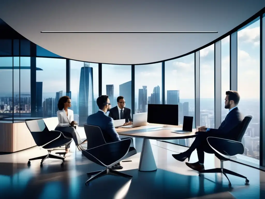 Oficina moderna con tecnología avanzada y profesionales en discusión Oficina moderna con tecnología de vanguardia y profesionales en discusión - Transformación digital en inversiones financieras
