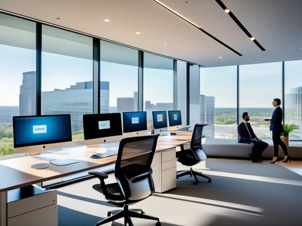 Oficina moderna con tecnología avanzada y productividad Oficina moderna con tecnología de vanguardia y teletrabajo - Impacto del teletrabajo en los mercados financieros