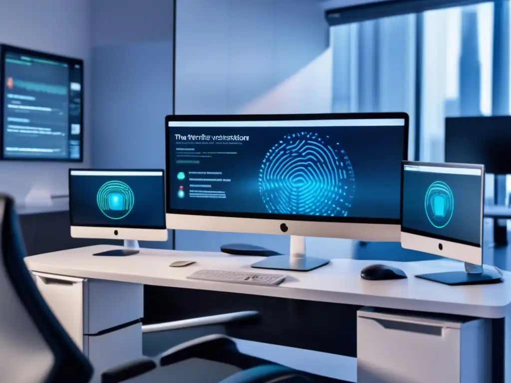 Oficina moderna con estación de trabajo segura y futurista Oficina moderna con estación de trabajo segura, escáner biométrico y expertos en seguridad web