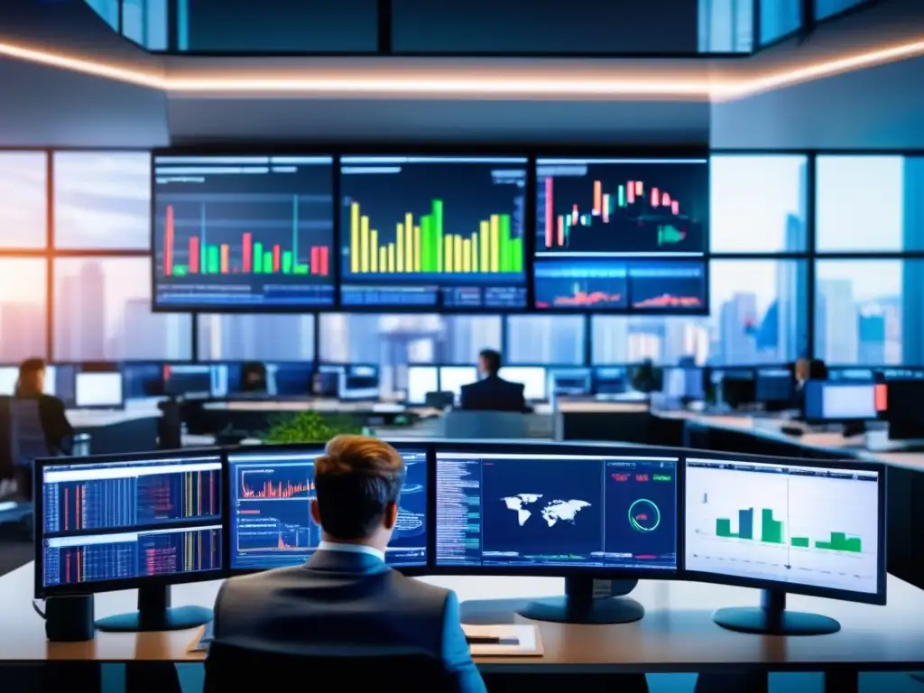 Oficina moderna con traders analizando datos y tomando decisiones en ETFs Oficina moderna con traders analizando riesgos invertir ETFs apalancados
