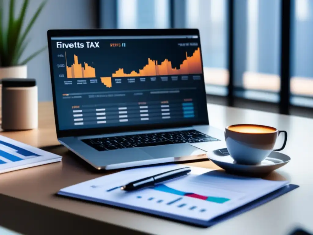 Oficina moderna: laptop, gráficos financieros y documentos ETF Oficina moderna: Ventajas fiscales ETFs inversión