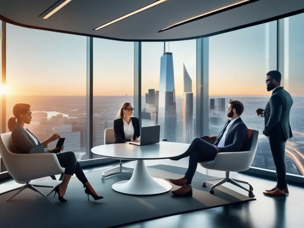 Oficina moderna con vista a la ciudad y profesionales usando redes sociales Oficina moderna con ventana panorámica y profesionales discutiendo tecnología fintech e influencia de redes sociales