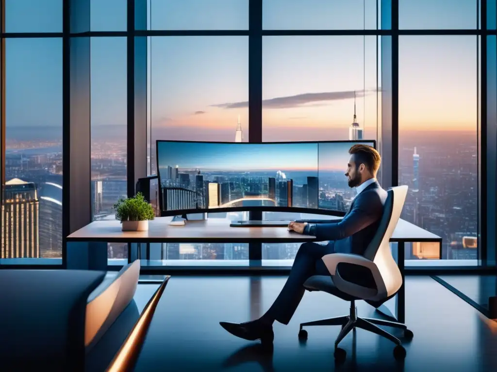 Oficina moderna con vistas a la ciudad Oficina moderna con ventana panorámica y ciudad al fondo