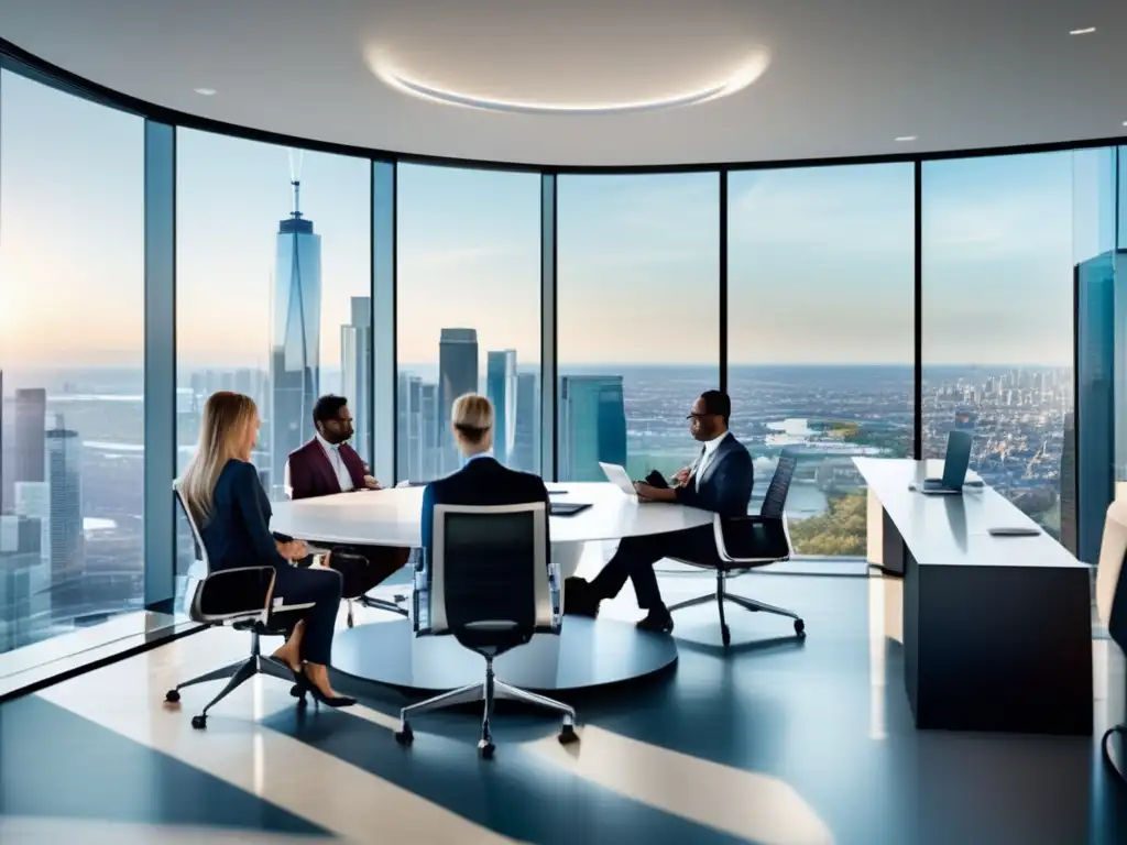 Oficina moderna con vista panorámica Oficina moderna con ventanales, ciudad panorámica, profesionales discutiendo estrategias de inversión a prueba de recesiones