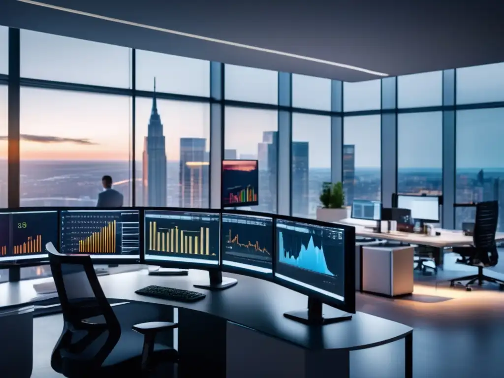 Oficina moderna con tecnología avanzada y vista a la ciudad Oficina moderna con ventanales que muestran la ciudad