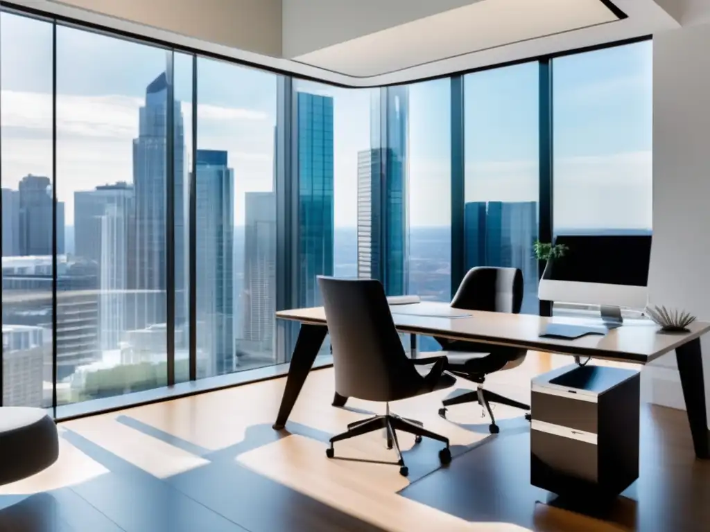 Oficina moderna y elegante con vista panorámica Oficina moderna con ventanales, mobiliario contemporáneo y estrategias de optimización fiscal para inversores en fondos mutuos