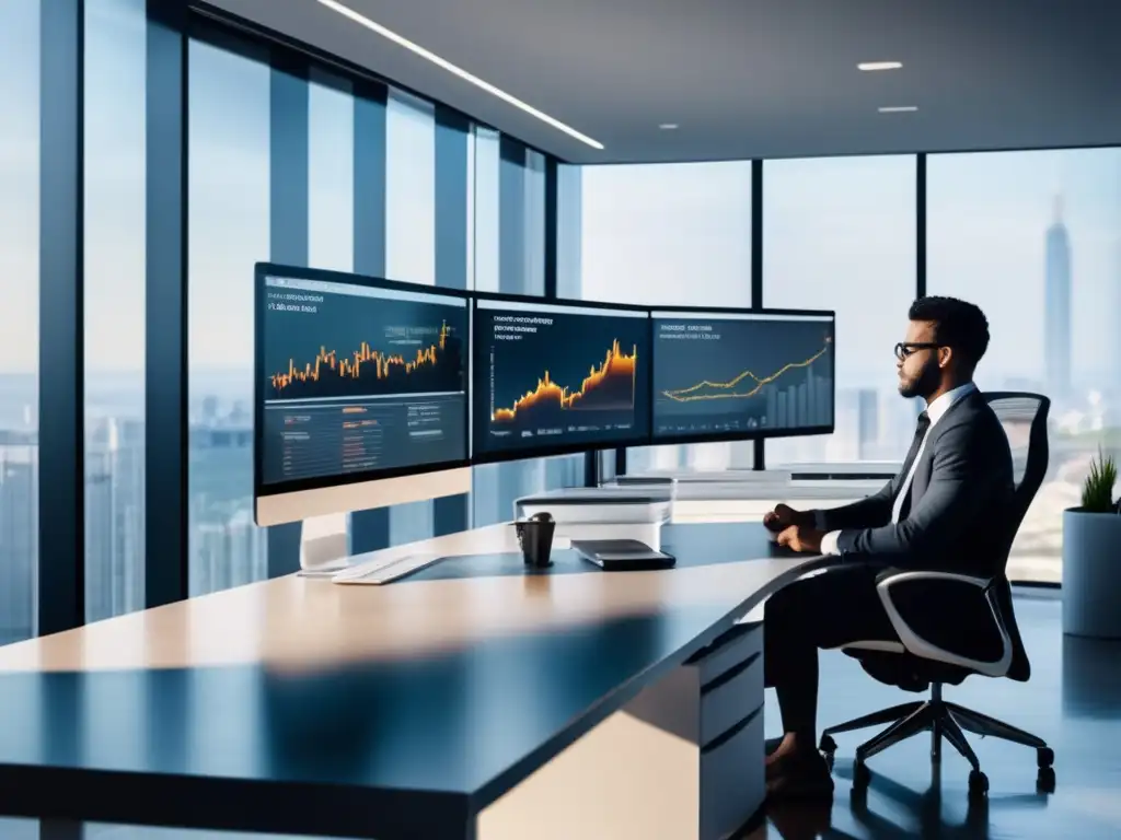 Oficina moderna con ventanales y persona trabajando Oficina moderna con ventanales, muebles minimalistas y persona trabajando - Beneficios de utilizar Roboadvisors en la volatilidad del mercado