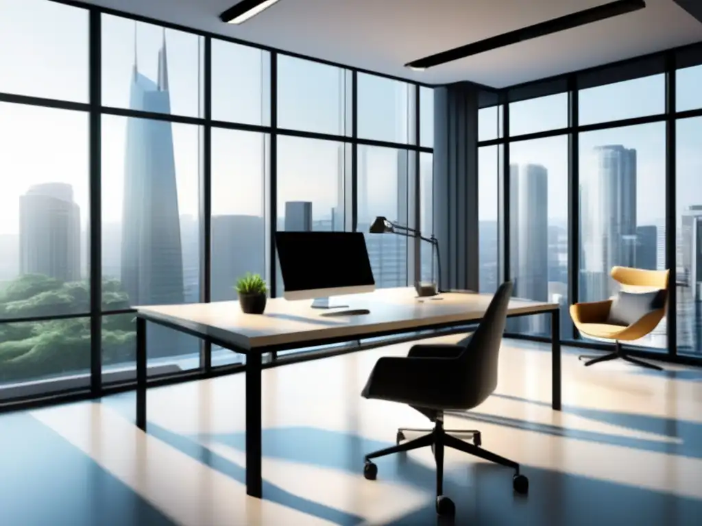 Oficina moderna con luz natural y muebles minimalistas Oficina moderna con ventanales, muebles minimalistas y escritorio de vidrio