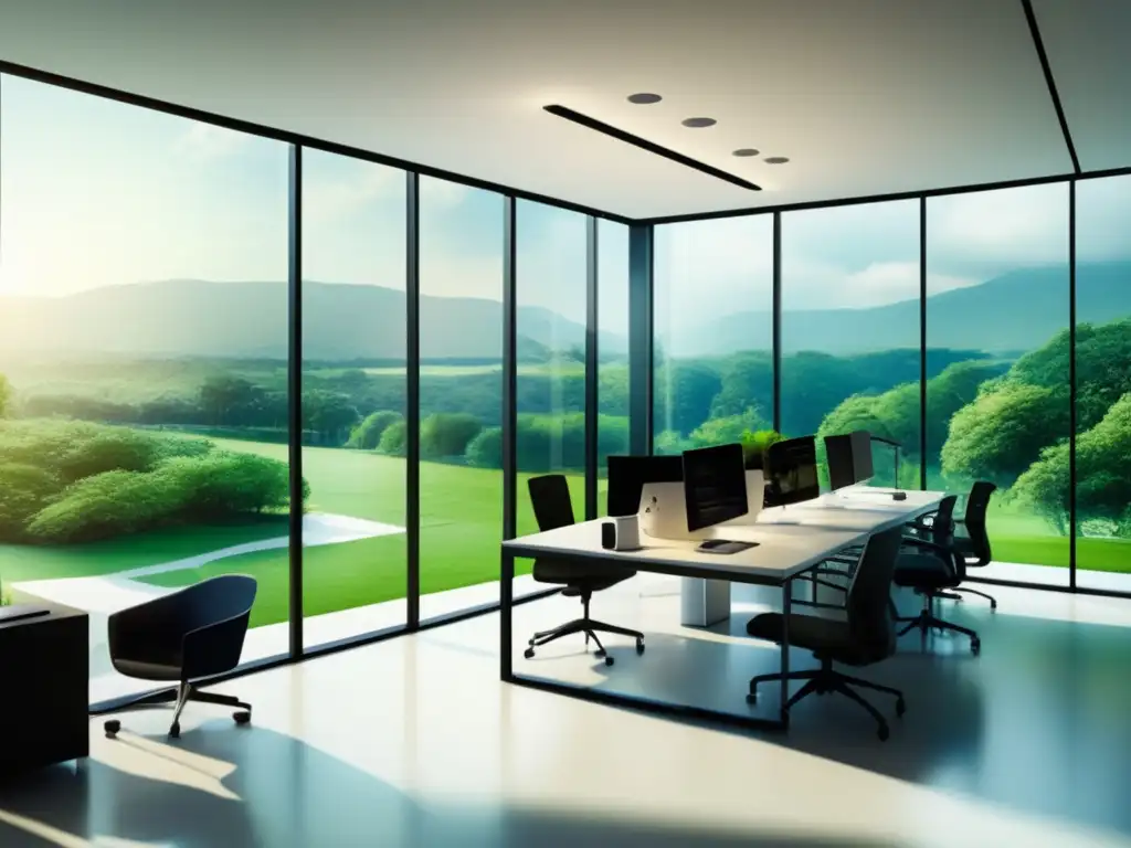 Oficina financiera con vista verde Oficina moderna con ventanales y paisaje verde, profesionales en discusiones financieras y etiquetas verdes