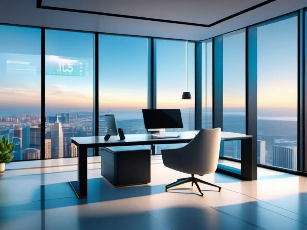 Espacio de oficina moderno y sofisticado Oficina moderna con ventanales panorámicos y diseño minimalista, mostrando datos de inversión en acciones y criptomonedas