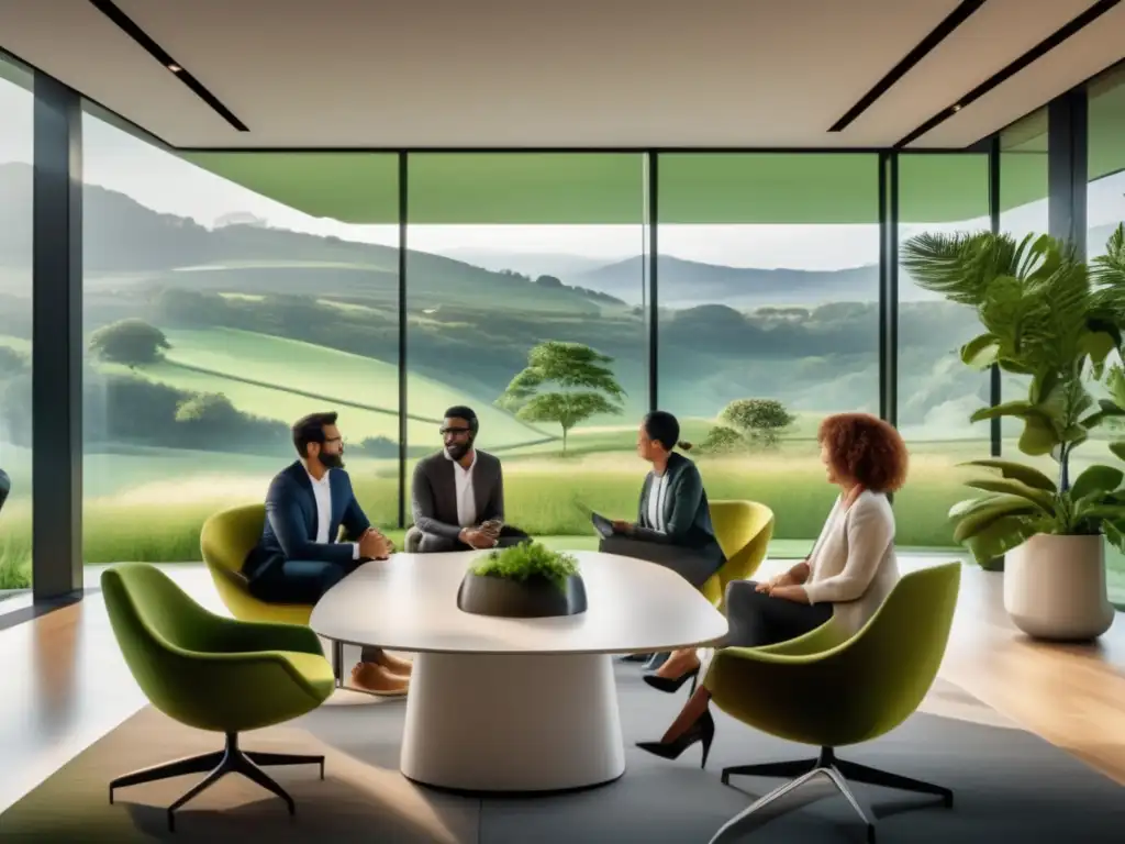 Profesionales colaborando en una oficina luminosa Oficina moderna con ventanales panorámicos y vista a paisaje verde