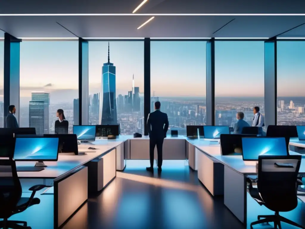 Oficina moderna con ventanales y red de información Oficina moderna con ventanales panorámicos y profesionales trabajando en sus escritorios