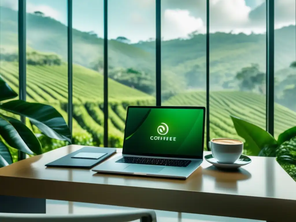 Oficina moderna con vista a plantación de café Oficina moderna con ventanales panorámicos y cafetal al fondo