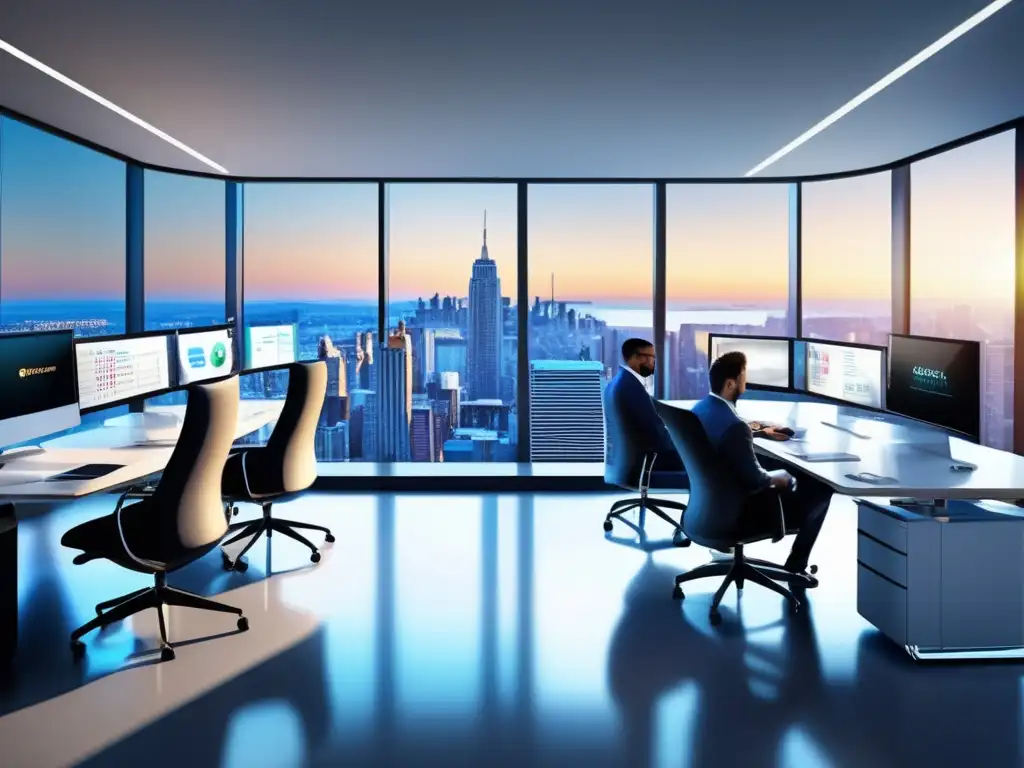 Oficina moderna con ventanales panorámicos y profesionales analizando estrategias de inversión con roboadvisors
