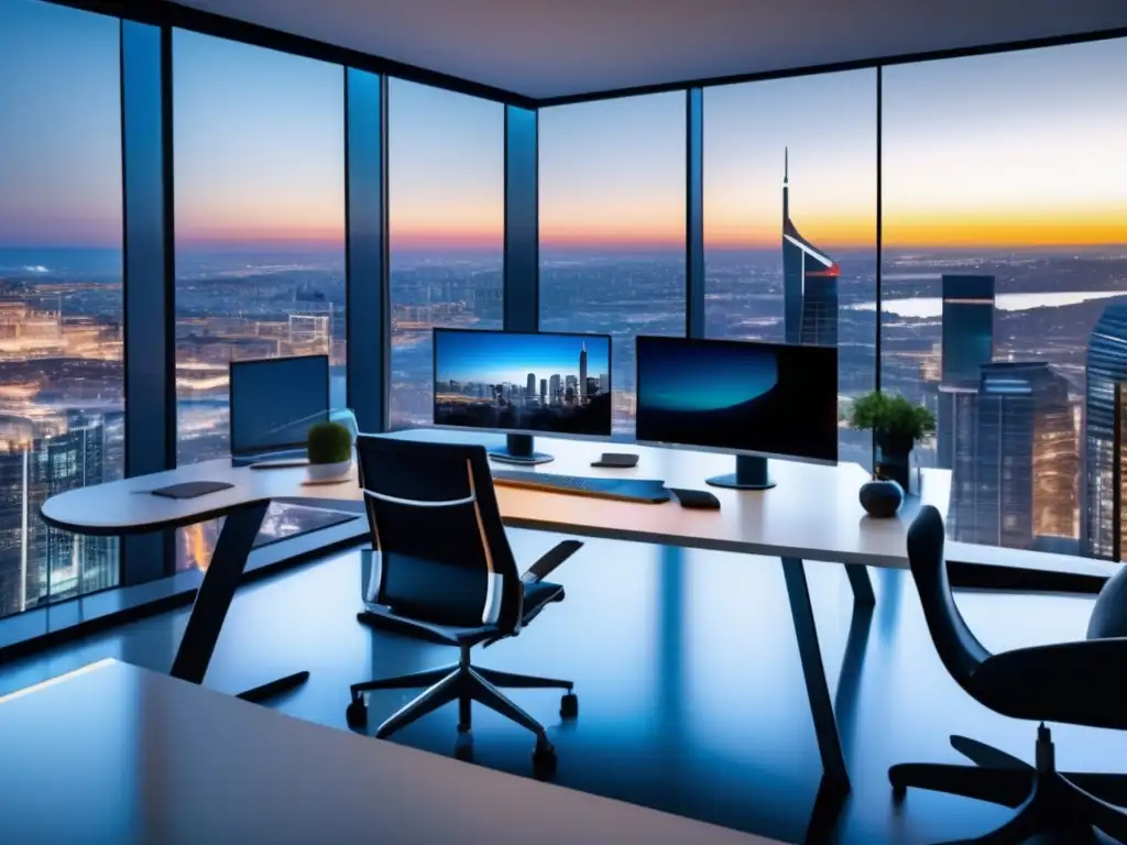 Portafolio inmobiliario moderno Oficina moderna con ventanales panorámicos, muebles contemporáneos y fotografías de propiedades