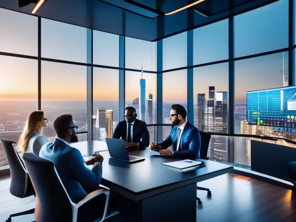 Oficina moderna con profesionales y criptomonedas Oficina moderna con ventanales y profesionales discutiendo inversiones criptográficas rentables