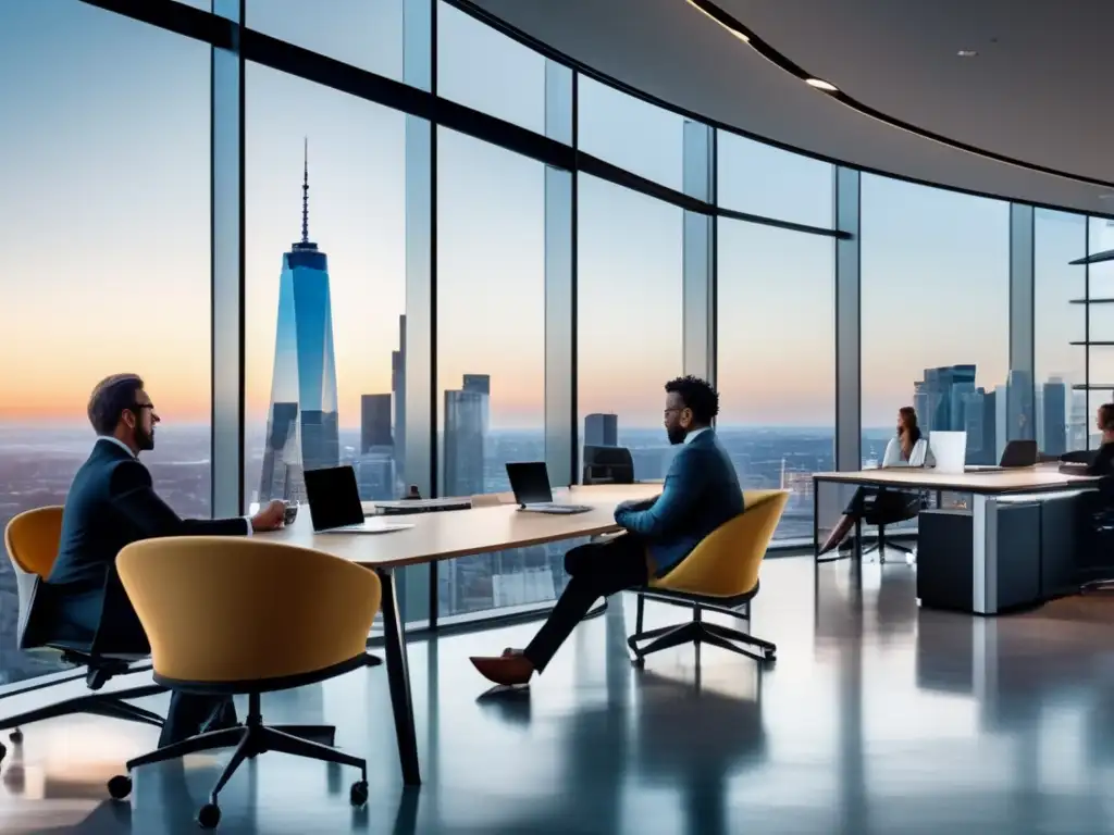 Espacio de oficina moderno con vista panorámica de la ciudad Oficina moderna con ventanales y vista panorámica de la ciudad