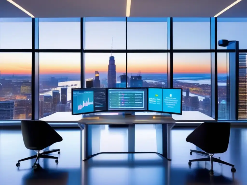 Oficina moderna con tecnología avanzada Oficina moderna con ventanales y vista a una ciudad animada