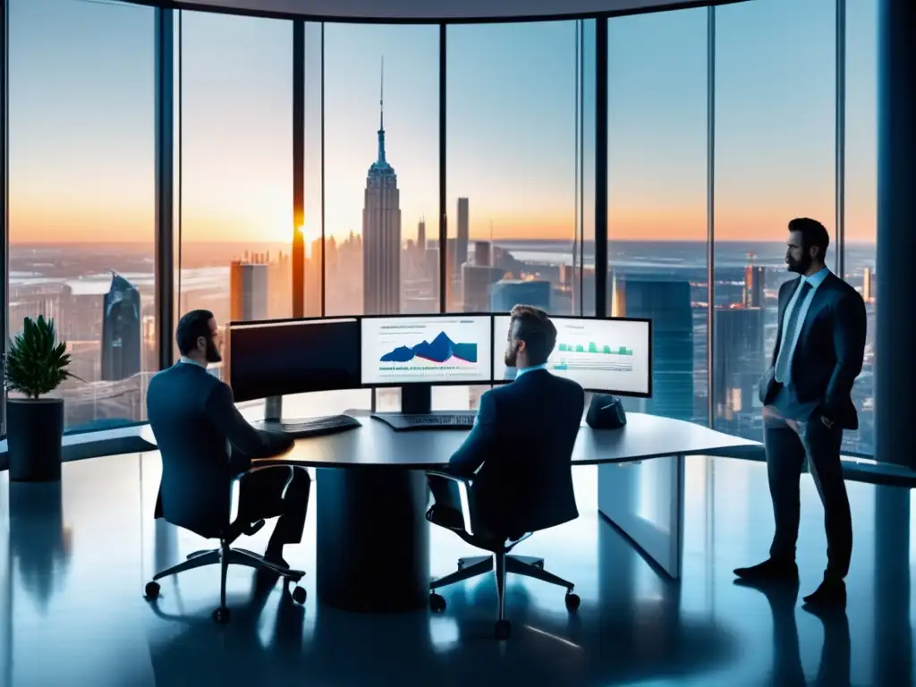 Oficina moderna con profesionales discutiendo Oficina moderna con ventanales y vista a la ciudad: Estrategias de rebalanceo financiero