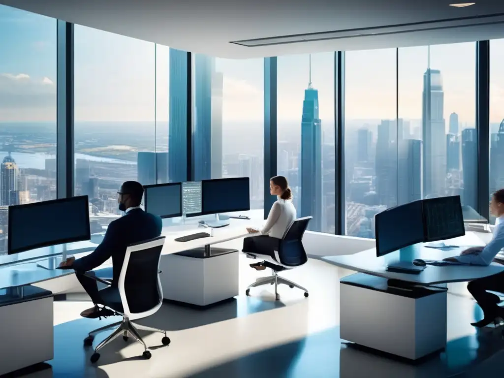 Oficina moderna con profesionales discutiendo y análisis (47 caracteres) Oficina moderna con ventanales y vista a la ciudad, profesionales discutiendo y analizando una cartera de ETFs